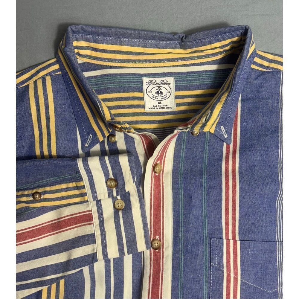 Brooks Brothers Mens XL Button Up Shirt Vertical Stripe Sport Multicolor Red Bli